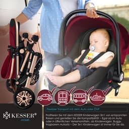 KESSER® Kinderwagen 3 in 1 Loops Wandelwagen Set incl. Autostoel & Reiswieg & Buggy Sportzitje - Massieve Rubberbanden - Luiertas / Regenhoes - Rood / Champagne — thumbnail 2