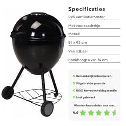 Luxe XXL Houtskool BBQ - 56.5cm - Grill-Oppervlak 49cm - RVS Ventilatierooster - 97cm Hoogte - 14.6kg Gewicht - Verrijdbaar - Barbecue - Inclusief EBOOK — thumbnail 3