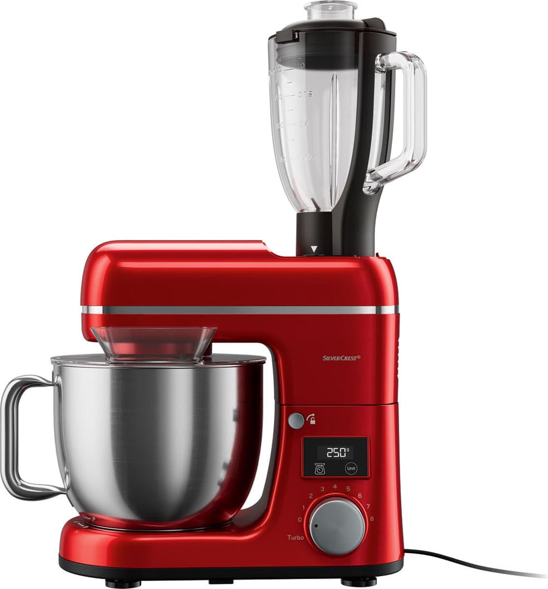 Silvercrest Keukenmachine - Vermogen: 900 W - Mengkom: 3,6 L - Standen: 8 + turbo - Rood - Met geïntegreerde weegschaal voor wegen in de mengkom - Kneedhaak met Teflon® antiaanbaklaag - Blenderopzetstuk met RVS mes — afbeelding 1