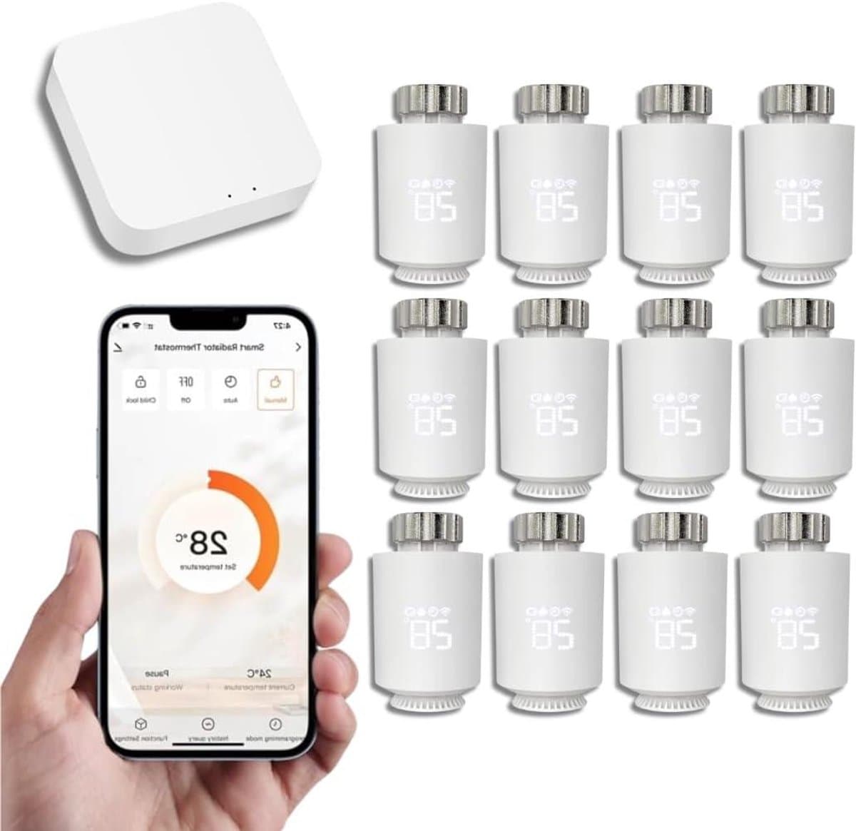 Intelligente Thermostaatkop - Slimme Radiatorregelaar - Energie Besparen - App en Spraakbesturing - Universele Adapters - Wit — afbeelding 1