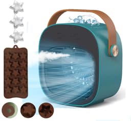KZQ Draagbare 2 In 1 Luchtkoeler Sage Green - Mini Draagbare Luchtkoeler Bureauventilator Met 3 Snelheden Usb Voor Kantoor Of Slaapkamer - Incl Siliconen Ijsblokjesvorm In Stervorm — thumbnail 1