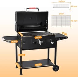 HomeGoodies BBQ - Houtskool barbecue – BBQ kar verrijdbaar - Groot grilloppervlak - 69x42.5 cm - thermometer - zijtafels – Zwart — thumbnail 5