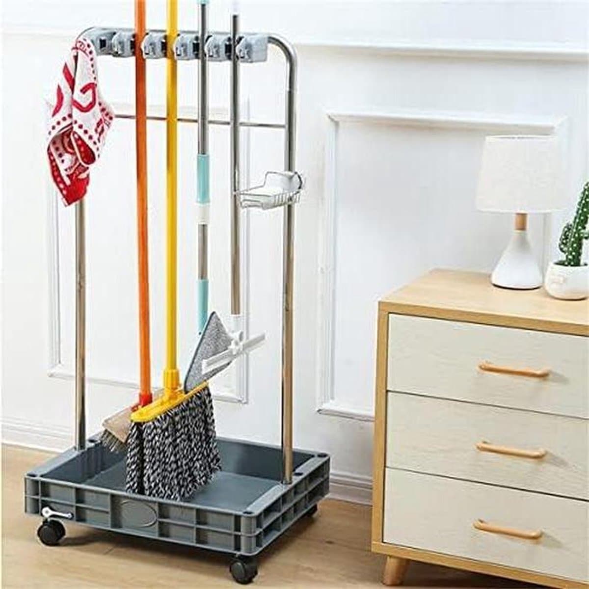 Bezem en Dweilhouder - Reinigingskar Wielen - Schoonmaak Organiseren - Zwaar Roestvrij Staal - 115 cm Hoogte - Zilver — afbeelding 1