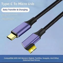 USB C naar MicroB Kabel - Data Overdrachtskabel - Externe Schijf Koppelen - Haakse Connector - 1 Meter - Zwart — thumbnail 3