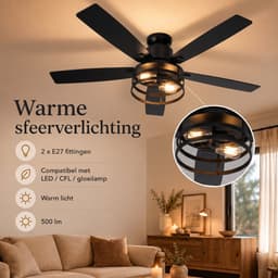 Rosnek Plafondventilator met Verlichting Ø132cm- Smart Lamp met Afstandsbediening - Plafonniere Keuken Lamp met 6 Ventilatiesnelheden - Plafond Ventilator Lamp met Timer, Landelijke Stijl voor Slaapkamer, Woonkamer & Terras — thumbnail 3