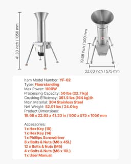 Elektrische fruitmolen - Fruitversnipperaar - Vermogen 1100 W - Roestvrij staal 304 - Hele Appels tot Ø 80 mm - Capaciteit 164 kg/u - Voor Appels, Peren, Wortelen, Aardappelen — thumbnail 4