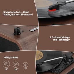 Platenspeler 3-snelheden Bluetooth draaitafel met ingebouwde luidsprekers, FM-radio, vinyl naar MP3-codering, USB/SD, LED-scherm, houten retro LP-speler, bruin — thumbnail 2