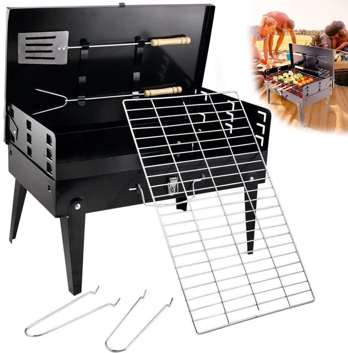 RosaBloom Opvouwbare Houtskool Barbecue - Draagbare Koffer BBQ - Compact Mini Grillrek met Gereedschapset - Zwart - 43x26,5cm — afbeelding 1