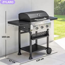 Gasbarbecue - Gasbarbecue en grill - 3 Branders - 9 kW - Grillwagen - Barbecuewagen - met Grillrooster, Wielen, Inklapbaar Bijzettafels, Thermometer, Onderste Plank, 6 Haken en Warmhoudplaten - 123 x 57 x 102 cm - Zwart — thumbnail 2