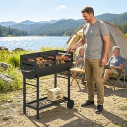 Premie Houtskool Barbecue - Smoker Barbecue met 2 Grillzones - in Hoogte Verstelbaar - Barbecuegrill - Grillwagen - Grillrooster - Houtskoolgrill met Wielen & Handgreep - BBQ voor buiten, tuin - Zwart — thumbnail 4