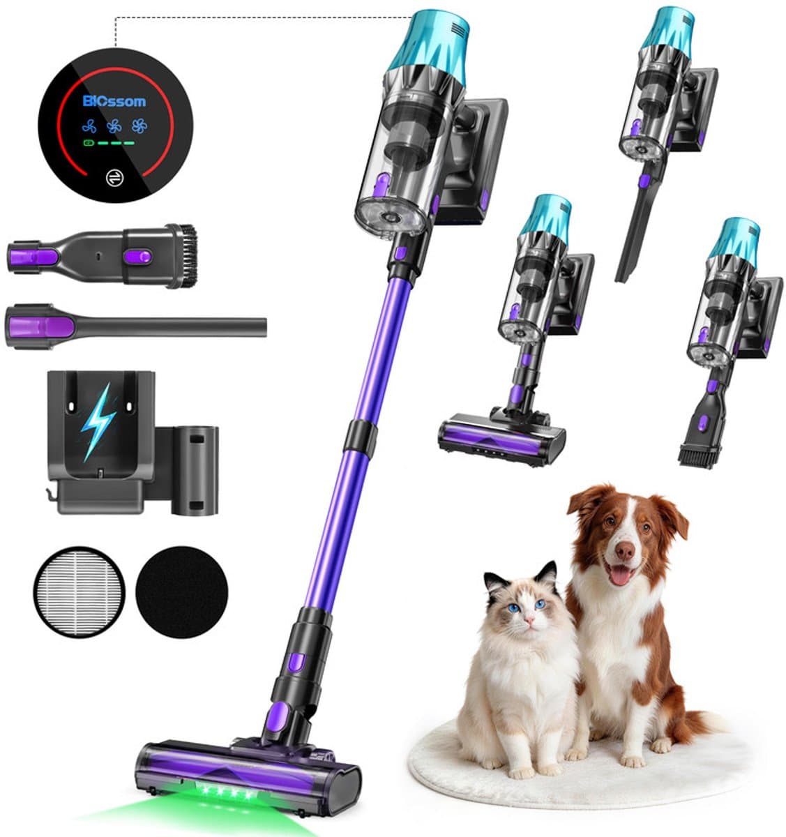 BLOSSOM Steelstofzuiger Draadloos - 600W - Kruimeldief - 55kPa Zuigkracht - Tot 65 Min Accuduur - Groene Laser - HEPA Filter - zonder zak - Blauw/Paars — afbeelding 1