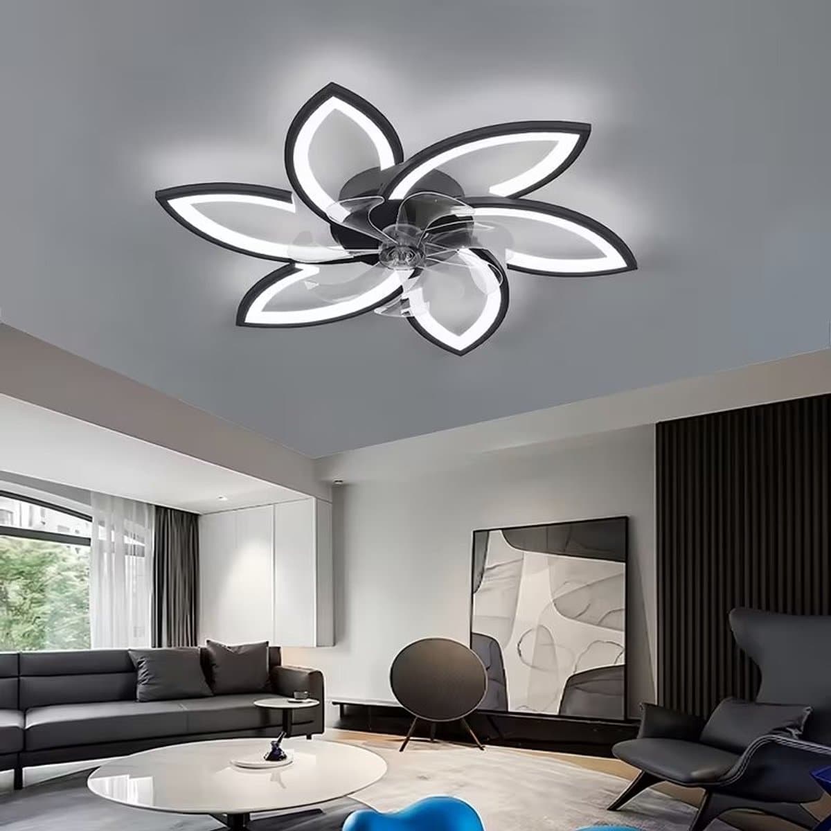 Plafondventilator met verlichting en afstandsbediening, 66W LED, 4600 lumen, dimbaar, 6 snelheden, 78 cm- zwart. — afbeelding 1