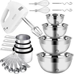 Elektrische handmixer - Keukenhulpset - Bakken en koken - 6 RVS kommen - 7 maten lepels - Zilver — thumbnail 1