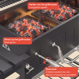 KitchenBrothers Houtskool BBQ XL - Dual Zone Smoker Barbecue - Met Verstelbare Kolenroosters & Inklapbare Zijtafels - PFAS-vrij - 42,3x75,8cm Grilloppervlak - Vaderdag Cadeau - Zwart — thumbnail 5