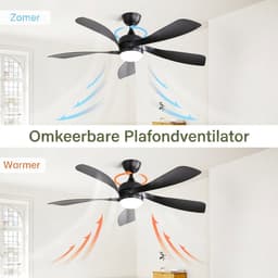 Plafondventilator Met Lamp - Stille ventilator - 5 ABS Bladen - Ø 52 inch - Dimbare lamp met 3 lichtstanden - 6 standen voor de windkracht - Met Afstandsbediening - LED's Light - Zwart — thumbnail 2