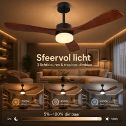 Rosnek Plafondventilator met Verlichting - Ø 106cm - Massief Houten Bladen - Stille DC Motor - App & Afstandsbediening - Dimbare LED - Zomer en Winterstand - Slaapkamer/Woonkamer — thumbnail 4