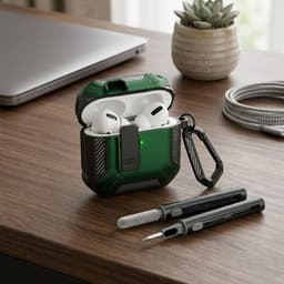 Groen hoesje voor oordopjes met cleaning kit – robuuste shockproof beschermhoes geschikt voor AirPods Pro 2 met clip en carbon look details — thumbnail 2