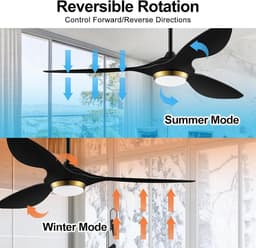 reiga 132cm Zwart-Goud Moderne Plafondventilator met Verlichting en Afstandsbediening, Slim WiFi, 3 Bladen, Stille DC-motor voor Woonkamer, Slaapkamer, Terras, Garage — thumbnail 4