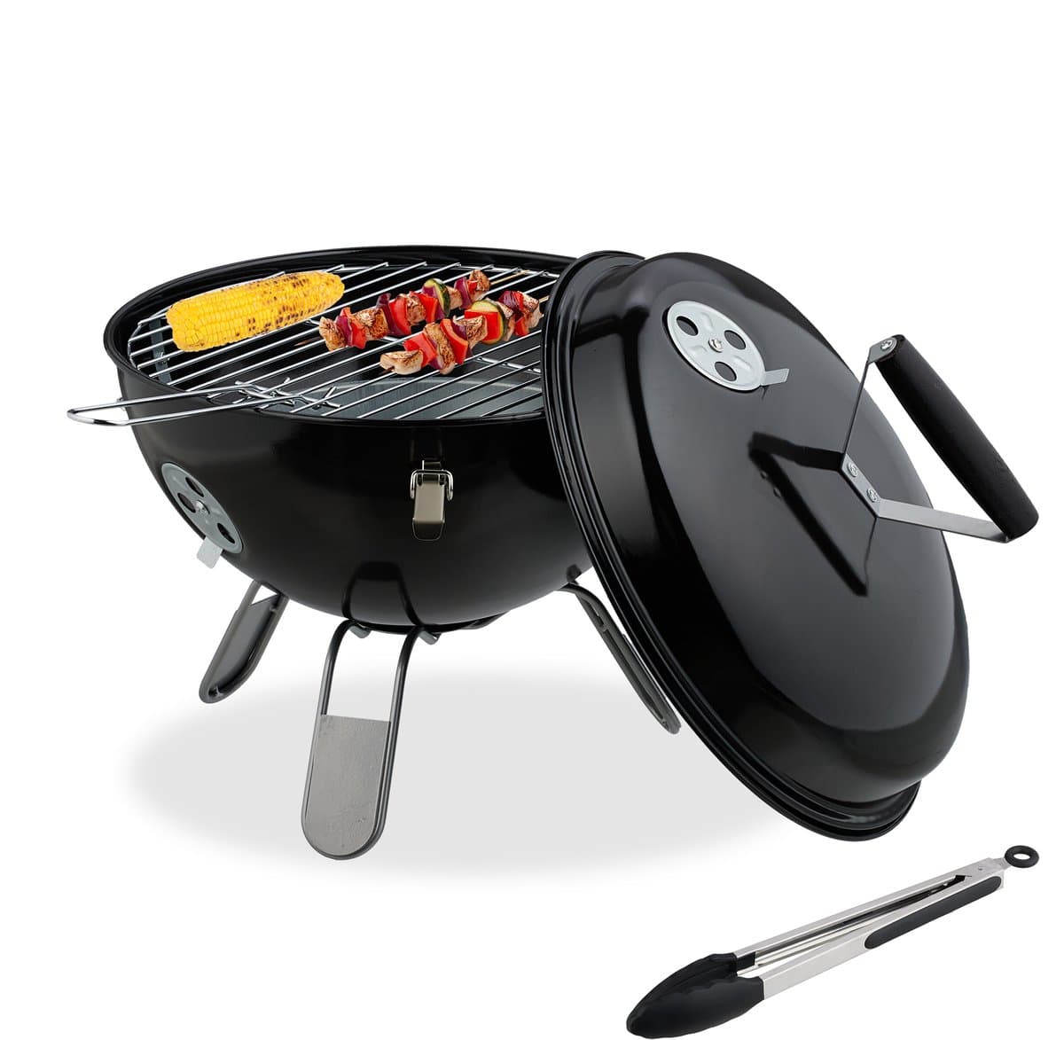 Houtskoolbarbecue draagbaar - Ø 34 cm - met deksel en tang - staal — afbeelding 1