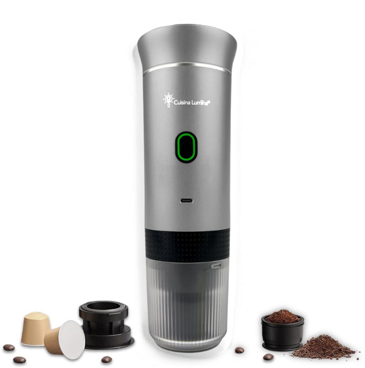 Draagbare koffiemachine - Cuisina Lumina ® - Hoogwaardige kwaliteit - 120 ML - Voor onderweg - Draagbaar koffiezetapparaat - Camping gadget - Oplaadbaar - Verwarmt water - Koffiecups & gemalen koffie - Espresso & Lungo - Matte lichtgrijs — afbeelding 1