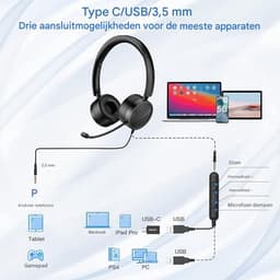 USB Headset - Noise Cancelling Koptelefoon - In-Line Bediening - Voor Thuis & Kantoor - Compatibel met PC & Laptop - Gebruikers - Zwart - Universeel - 1 stuk — thumbnail 5