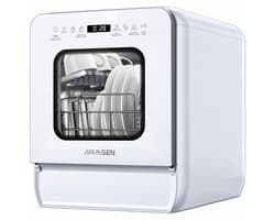 Tafelvaatwasser met 5L Watertank – 9 Wasprogramma’s – 4 Couverts – 75°C Hygiënewas – 1-24 Uur Startuitstel – Compact 37 cm – Wit