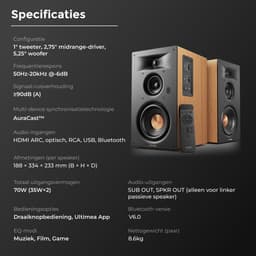 ULTIMEA 3-weg boekenplankluidsprekers met 5,25-inch woofer, 70W RMS, HDMI ARC, Bluetooth, Auracast, voor thuisbioscoop en platenspeler, Een paar, Bruin — thumbnail 2