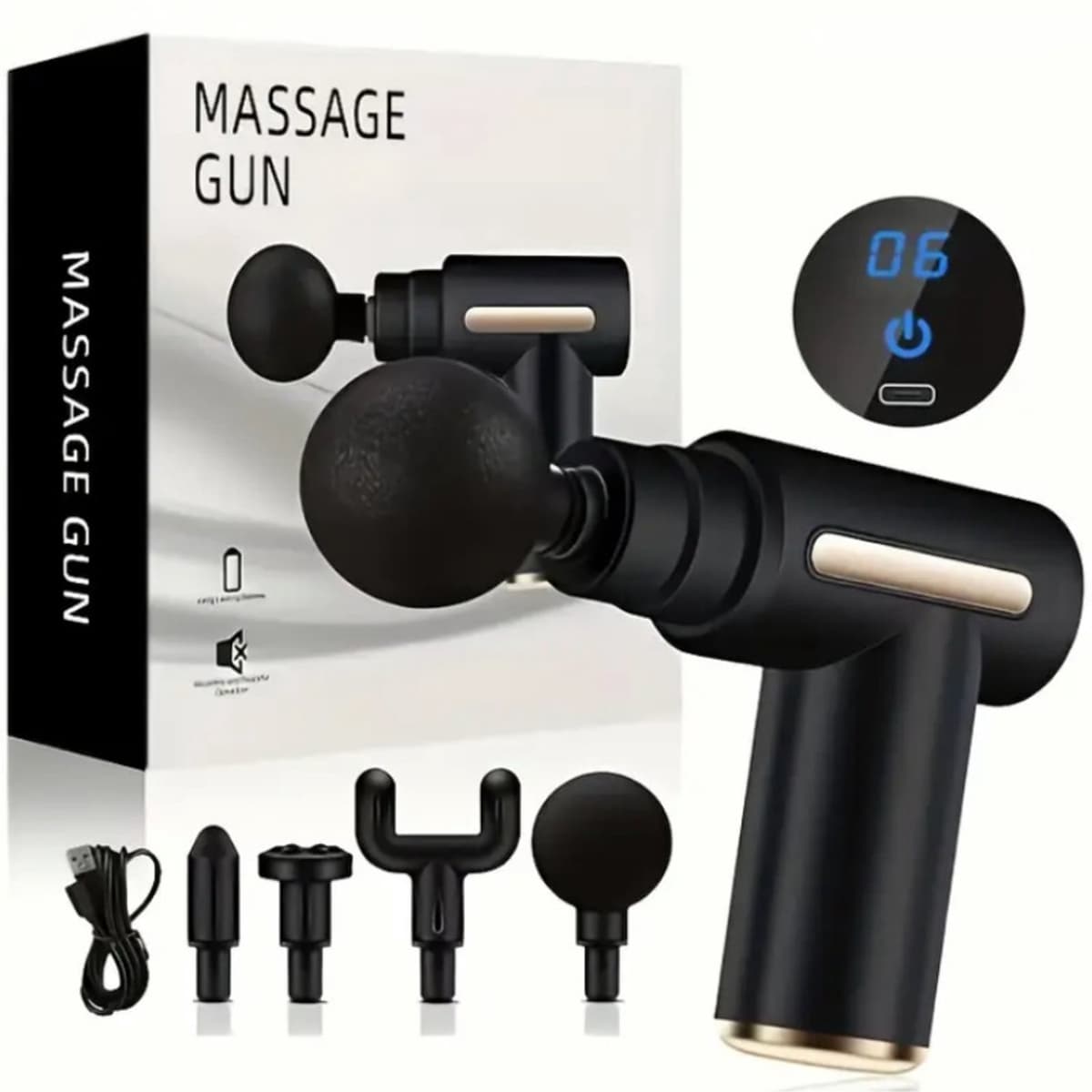 Professioneel massagepistool – Massageapparaat – Massagegun – Massage-apparatuur voor sport en ontspanning – Zwart & Goud – Draagbaar, oplaadbaar massageapparaat – LCD-scherm – Instelbaar via touchscreen (6 snelheden) – Ideaal als cadeau — afbeelding 1