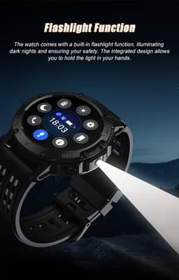 Knobbout 1.46”(3.7cm) Scherm Sportieve Smartwatch met LED Zaklamp – Bluetooth Bellen – HD Touchscreen (360×360) – 100+ Sportmodi – Hartslag, Bloeddruk & SpO₂ – IP68 Waterdicht – Muziekbediening – Android & iOS - Zwart — thumbnail 3