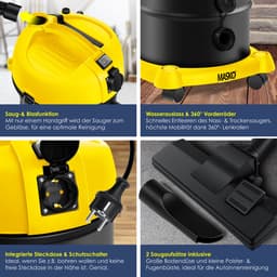 MASKO® Alleszuiger 6IN1 Nat- en Droogzuiger 2300W + stopcontact, Blaasfunctie, Droog- & natzuigen | Industriële stofzuiger vuilreservoir 30L Bouwstofzuiger - Geel — thumbnail 2