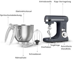 Voedselprocessor met 6-traps snelheidscontrole en 5,7L RVS kom, met dubbele kneedhaak, klopper en deeghaak, antislipstand, 1400 W — thumbnail 3