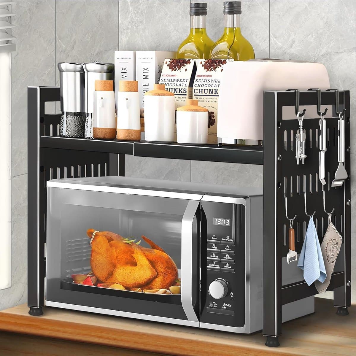 Uitbreidbaar magnetronrek met ophanghaken - Keukenorganizer 2-traps en metalen magnetronhouder — afbeelding 1