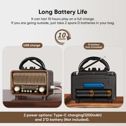 Radio - Vintage Draagbare Radio - Portable radio - AM FM SW radio - Bluetooth radio - Retro radio vintage transistor - D battery operated - USB rechargeable - TF card support - USB playing - 16.5*8.2*13.2CM - Perfect Cadeau — thumbnail 4