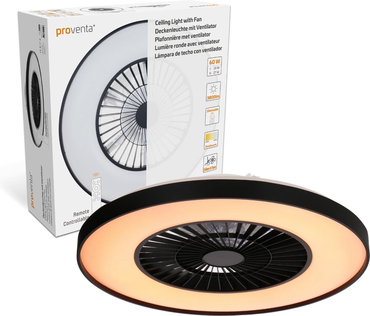 Proventa Premium Plafondventilator met lamp 60 cm - Zomer- en winterstand met afstandsbediening - Plafondlampen met Ventilator & Lamp - Zwart — afbeelding 1