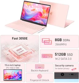 Laptop 15,6 inch, 8 GB DDR4, 512 GB SSD, Dual-Core 3050E (tot 2,80 GHz), notebook met vingerafdruksensor, verlicht toetsenbord, dubbele luidsprekers, HDMI, laptop voor studenten en kantoor — thumbnail 4