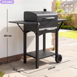 Premie Houtskool Barbecue - Smoker Barbecue - Barbecuegrill - Grillwagen - Houtskoolgrill met 2 Bijzettafels, Groot Grilloppervlak, Deksel, Thermometer, Planken - Verplaatsbaar - BBQ voor buiten, tuin - Zwart — thumbnail 4