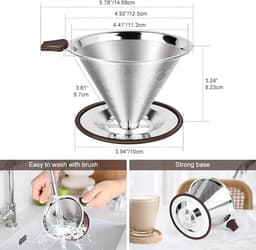 Pour Over Coffee Dripper - Roestvrijstalen Koffiefilter - Herbruikbaar - Dubbel Microgaasfilter - Lepel - Siliconen lade - Reinigingsborstel - 3-4 kopjes — thumbnail 4