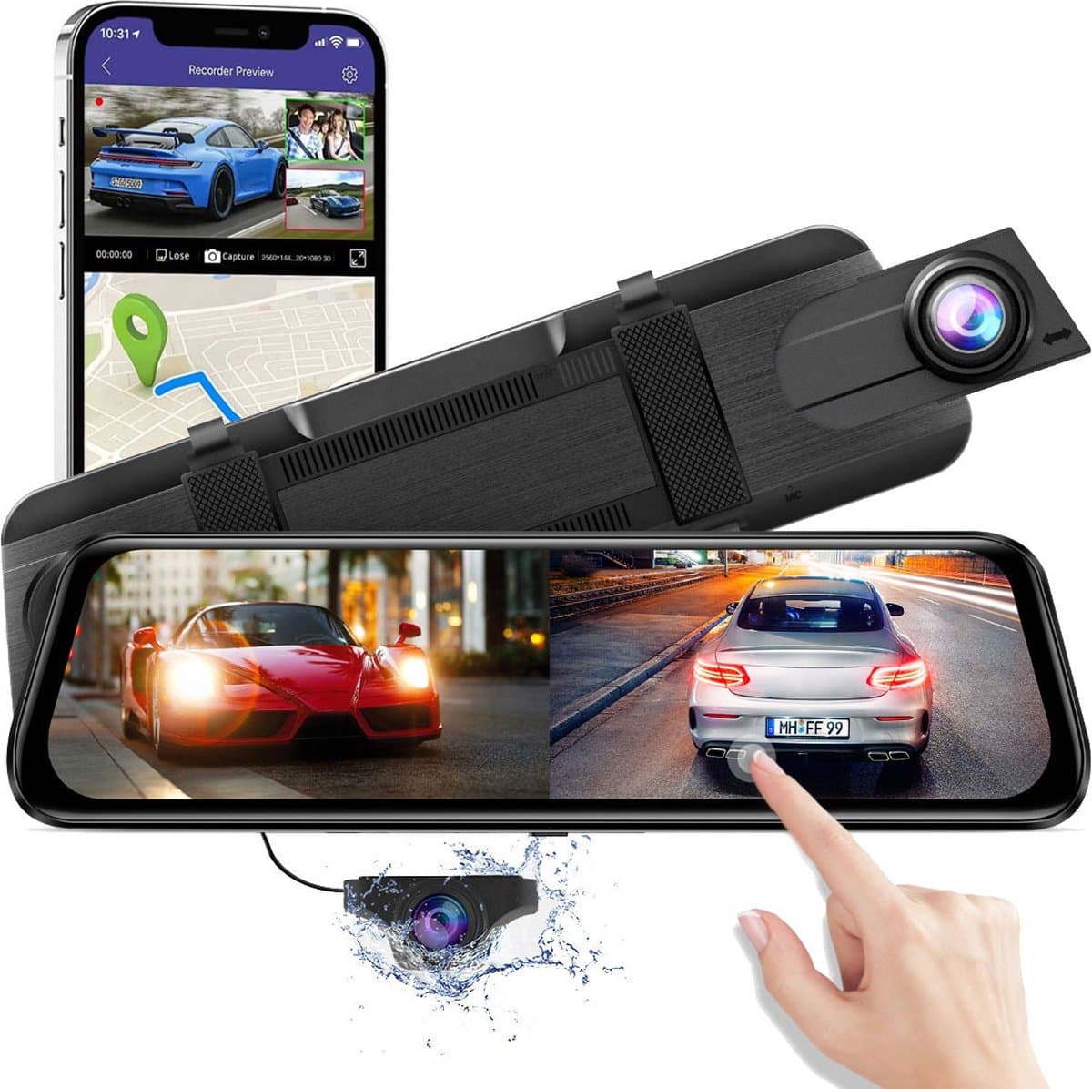 AZDome AR09 QuadHD 2CH Full Mirror Wifi Touch dashcam voor auto — afbeelding 1