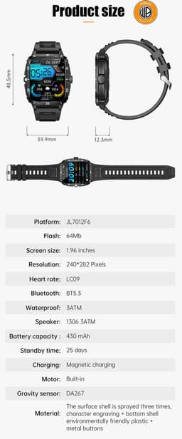 WizBay Premium Select® Outdoor Smartwatch - 1,96 Inch HD Scherm - Bluetooth Bellen - 3ATM Waterdicht - Hartslag Zuurstof Slaap - 100+ Sportstanden - 430mAh - Zwart Oranje Case — thumbnail 2