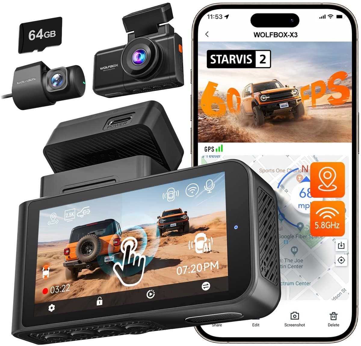 Solidchoice - Dual Dashcam met 2.5K en 1080P, Met GPS en WiFi — afbeelding 1