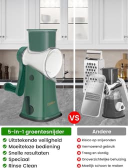 Kaasrasp Groentesnijder - Snijmachine Keuken - Maaltijden Bereiden - 5-in-1 Messensysteem - 19 x 14.5 x 29 cm - Groen — thumbnail 2