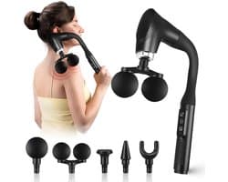 SnelShoppen - Massagepistool met dubbele kop, 12 snelheden, geluidsarm (36 dB), met 5 opzetstukken, LCD-display, U-handgreep, ideaal voor rug, nek, be