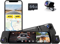 Dashcam voor auto - Zwart - 9,66 inch IPS-touchscreen - 4-kanaals spiegel dashcam met nachtzicht - Voor voertuigen met achteruitkijkspiegel — thumbnail 1