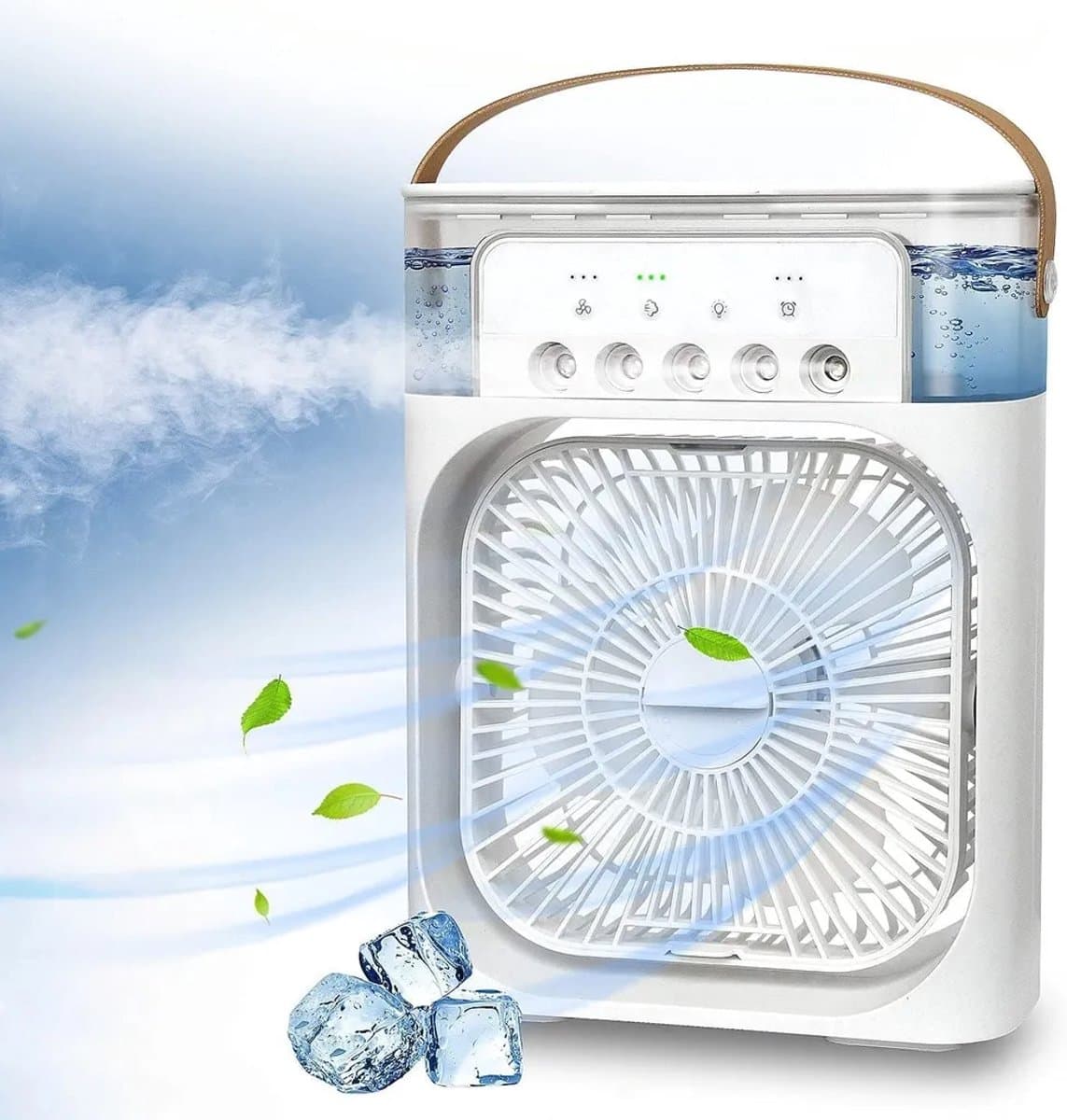 Deze 4-in-1 draagbare airconditioner combineert airconditioning, een ventilator, drie ventilatorsnelheden, een timer, een luchtbevochtiger (600 ml waterreservoir), USB-opladen, een luchtkoeler en een stille modus – in het wit. — afbeelding 1