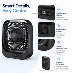 VHV - Bureauventilator - Oplaadbare mini ventilator met LED-display - 3 standen en 360° draaibaar - Zwart — thumbnail 5