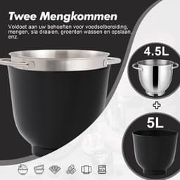 Keukenmachine - Standmixer - Bakken en Koken - Dubbele Mengkom - 1300 Watt - Zwart — thumbnail 4