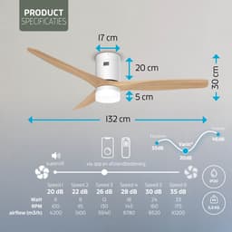 Varin® Smart Plafondventilator met verlichting - Ø 132cm - Wit/Lichthout - LED CCT 18W - Super stil 20dB - 6 snelheden - Woonkamer - Slaapkamer - Tuya WiFi - App & Afstandsbediening — thumbnail 5