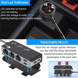 Thijox - Verbeterde QC 3.0 Auto Sigarettenaansteker met 120W DC, 3 Contactdozen en 4 USB Poorten voor Snel Opladen van iPhone, Android, GPS, Dashcam e — thumbnail 3