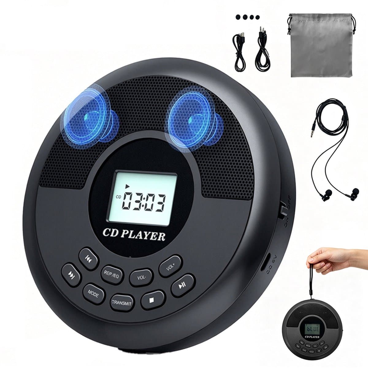 Bluetooth-cd-speler – Draagbare mp3-speler – Hoge geluidskwaliteit – Bluetooth-functionaliteit – Inclusief oordopjes, USB-kabel en draagtas – Lichtgewicht en draagbaar – Grijs — afbeelding 1