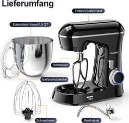 SnelShoppen - Keukenmachine 1400 W, Kneedmachine met Roestvrijstalen Kom van 6 Liter, 10+ P-niveaus, Deegmachine met Garde, Deeghaak en Spatbeschermin — thumbnail 2